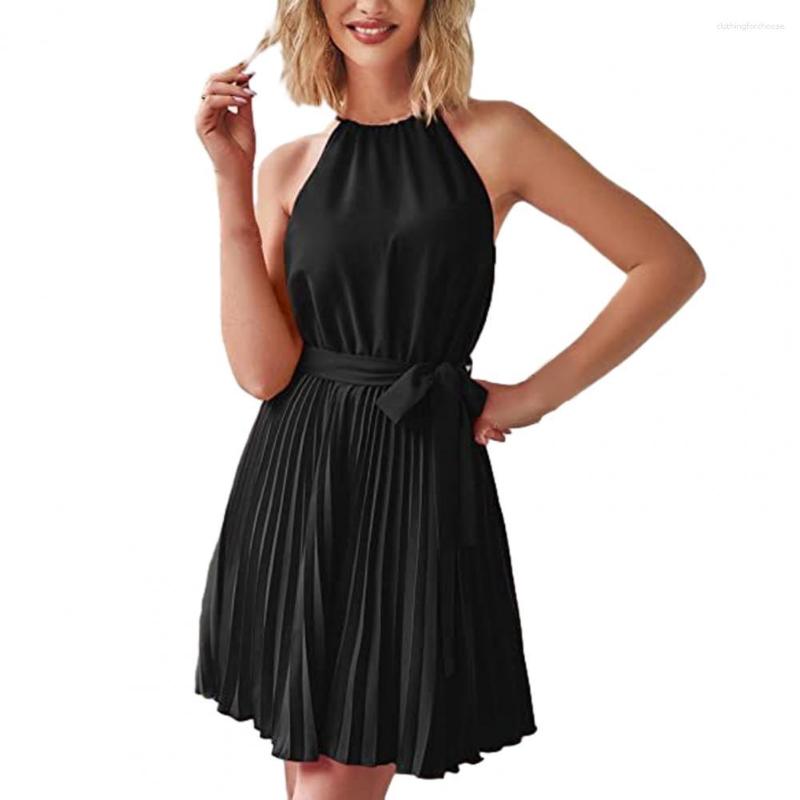 

Casual Dresses Women' Pleated Mini Dress Elegant Halter Neck Sleeveless Belted A-Line Cocktail Party Workwear For Women 2023 Summer, Black