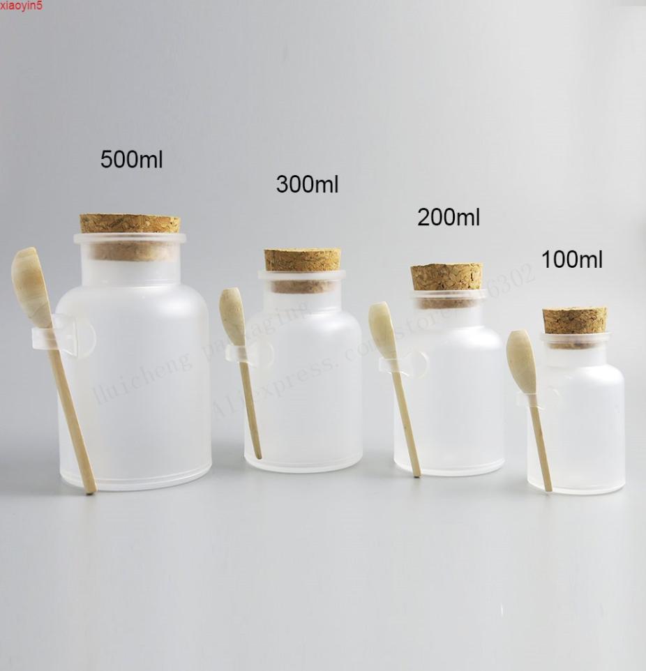 

100 x Empty 100g 200g 300g 500g ABS Plastic bath salt Bottle 200ml powder plastic bottle with cork jar wood spoongood product8643195