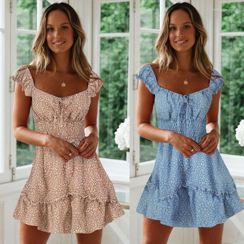 

Casual Dresses Summer Women Prairie Chic Floral Dress Sexy Sleveless Ruffle Bandage Fit Flare Mini Lady Fresh Slim Beach Sundress, Blue