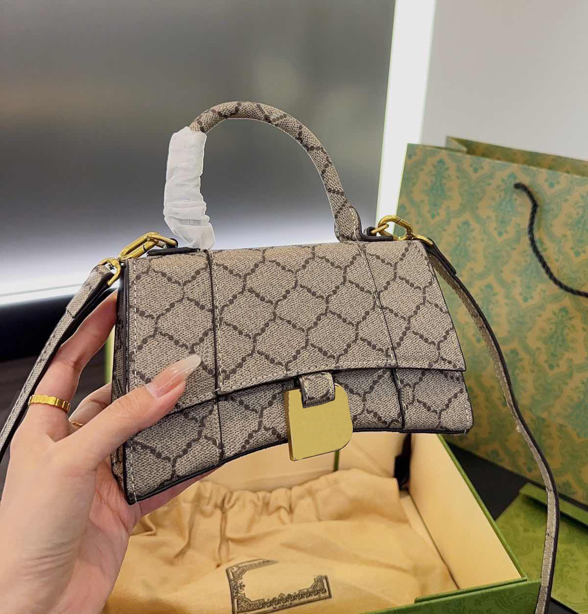 

Hourglass Bag Designer Handbag Fashion women Classic Vintage Double Letter Cross Body Shoulder Bag Top Quality with box, Khaki