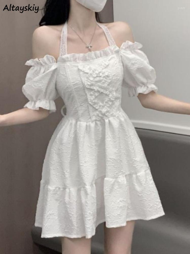 

Casual Dresses Short Puff Sleeve Dress Women Slash Neck White Summer Sweet Ins A-line Princess Edible Tree BF Gentle Solid
