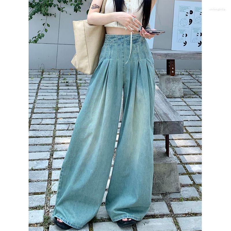 

Women' Jeans Solid Distressed Washed Mop American Retro High-waisted Wide-leg Loose Straight-leg Pants Y2k Girl Casual Trousers
