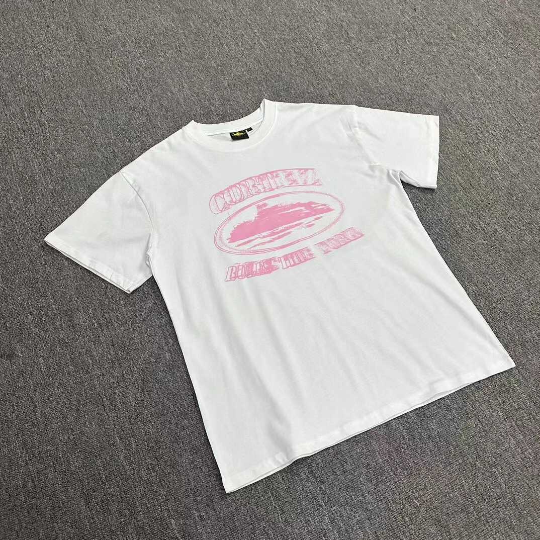 

2023 Cortez Fuzzy Sketch Overlap Print Devil Island Trendy Street T-shirt Beautiful Hip Hop Skateboarding Style 3 GNTQ, White pink
