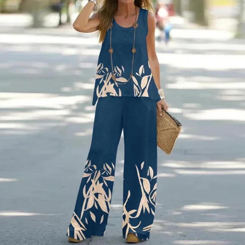 

Women's Two Piece Pants Women 2 Outfits Boho Casual Feather Printed Vest Sleeveless Top Loose Wide Leg Trousers And Suit For, Black
