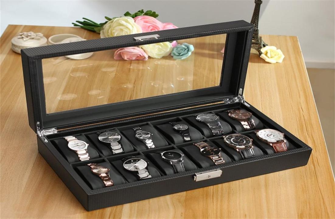 

Leatherette 12 Slot Carbon Watch Box Fiber Design Jewelry Display Storage Holder Winder Black Large Watchs Box saat kutusu1164766