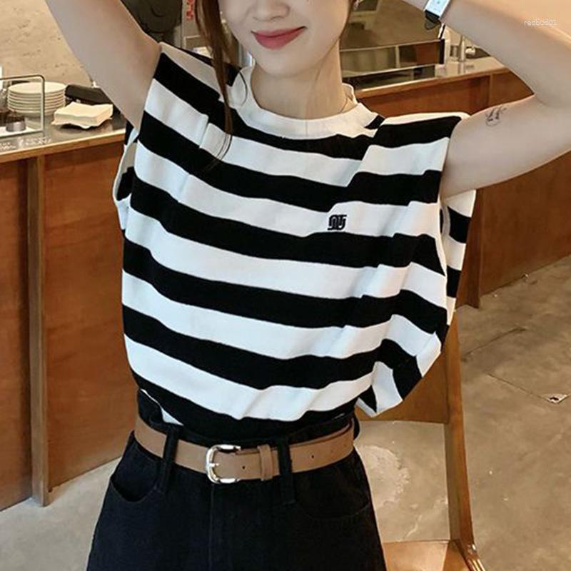 

Women' T Shirts Summer Trend Casual Striped Slim O-neck Sleeveless T-Shirt Femme Fashion All-match Pullover Short Top Women Clothing Lacing, Black