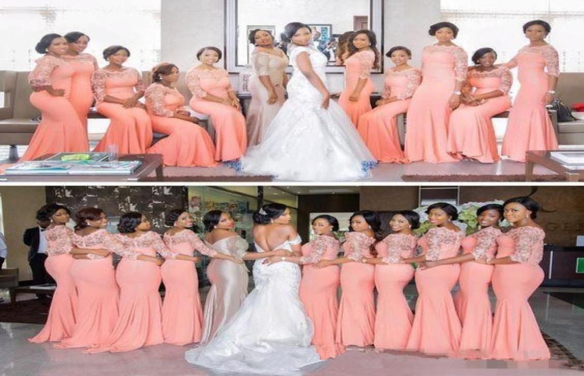 

Nigerian African Plus Size Bridesmaid Dresses Coral Half Long Sleeves Top Lace Sweep Train Maid Of Honor Evening Occasion Gowns Ch4539483