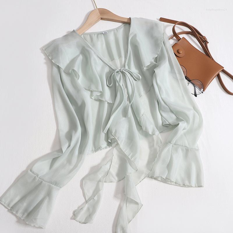 

Women's Blouses HELIAR Ruffles Sweet Cardigan Shirt V-neck Lace-up Flare Long Sleeve Thin Shirts For Women 2023 Summer Loose Casual Tops, Green