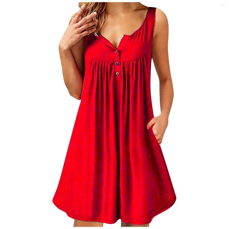 

Casual Dresses Women'S Fashion Dress V-Neck Sleeveless Solid Button Vest Beach Skirt Evening Loose Summer, Dark green