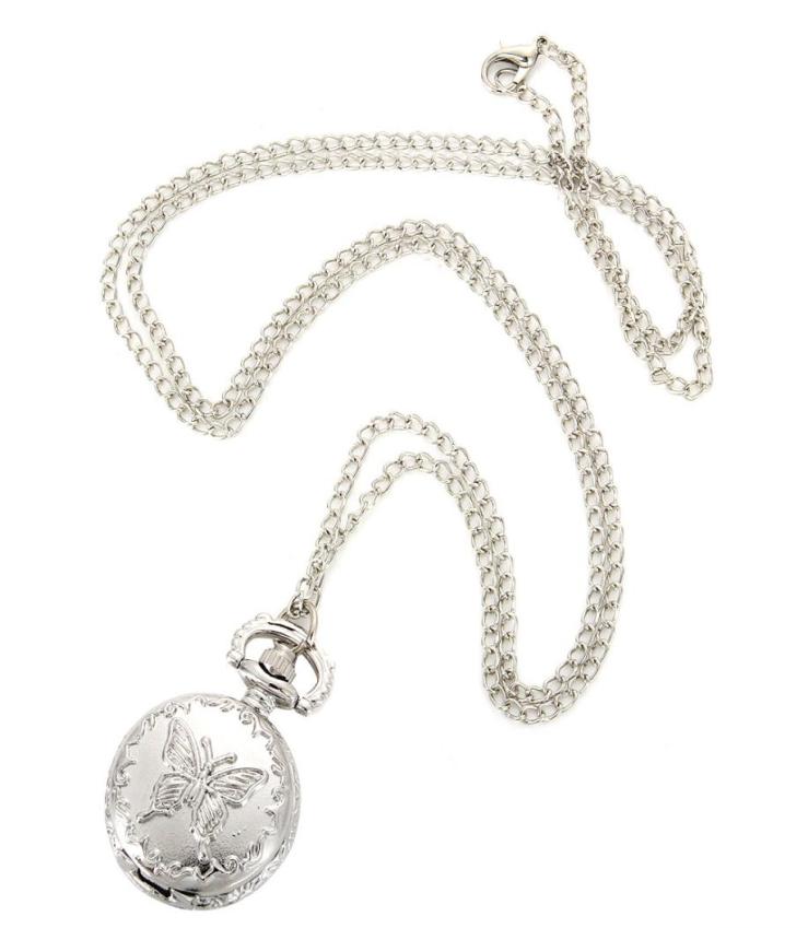 

Fashion Vintage Quartz Pocket Watch Alloy Flowers Butterfly Women Lady Girls Necklace Pendant Sweater Chain Clock Gifts8380555, Silver