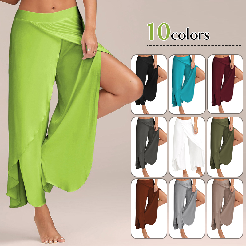

Summer Women Slit Flared Palazzo Trousers Wide Leg Pants Chiffon Side Split Casual Loose Pants Elegant Lady Harem Yoga Pants