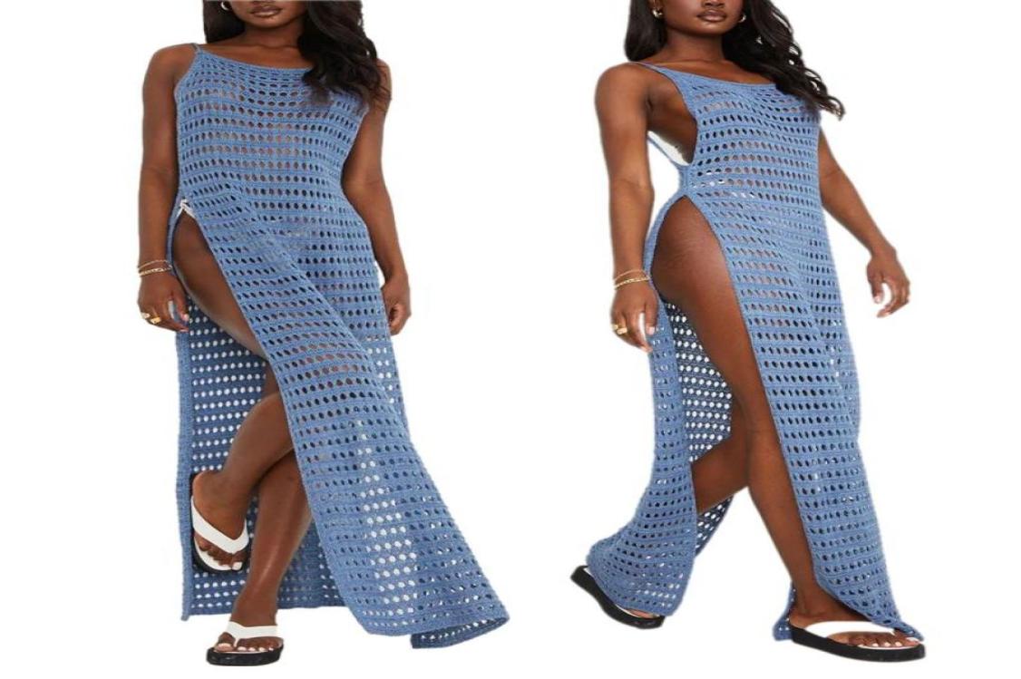 

Twopiece Suits Women039s Hollow Out Long Dress Sleeveless Crochet High Split Swimsuit Cover Up Dress2262786