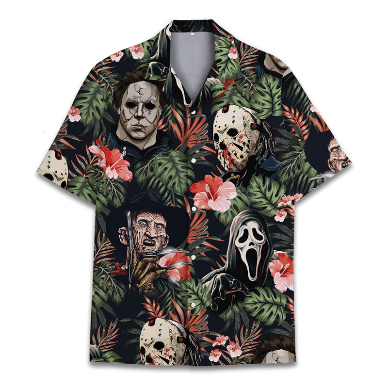 Mens Dress Shirts Vintage Version Funny Hawaiian Horror Hallown Tropical Flower Beach Short Slve Lapel Single Breasted Button Shirt Men 230628 S2507