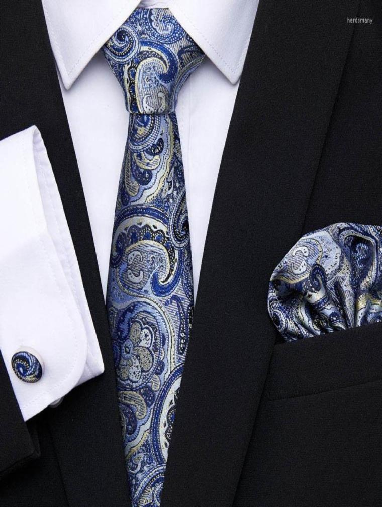 

Bow Ties Business Classic Blue Gold Paisley Cravate For Men Brand Necktie Pocket Square Cufflinks Wedding Party Silk Tie Set4665375