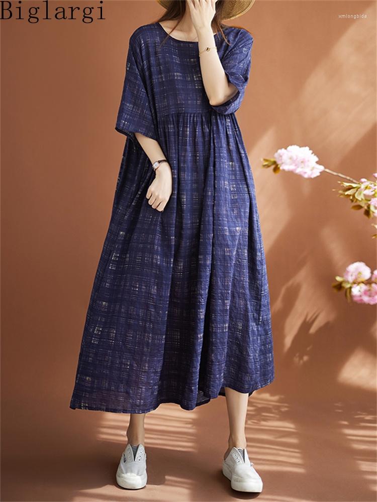 

Casual Dresses Oversized Korea Summer Women Vintage High Waist Cottonn Linen Plaid Dress Loose Ladies Pullover Big Size Print Long, Blue dress