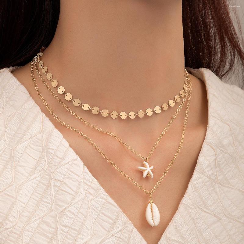 

Chains HuaTang Three Layer Shell Starfish Pendant Necklace Multiple Women's Sequin Beach Seaside