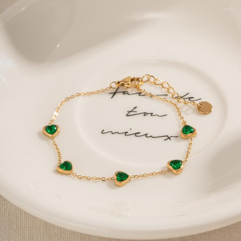 

Charm Bracelets Minar Trendy Green Color CZ Cubic Zirconia Love Heart 18K Gold PVD Plated Stainless Steel Bracelet For Women