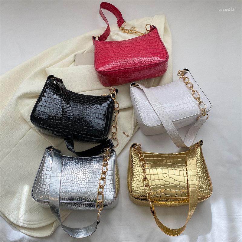 

Evening Bags Fashion Shoulder For Women Crocodile Stripe Women's Subaxillary Design Texture Armpit Handbags Purses Crescent, Red