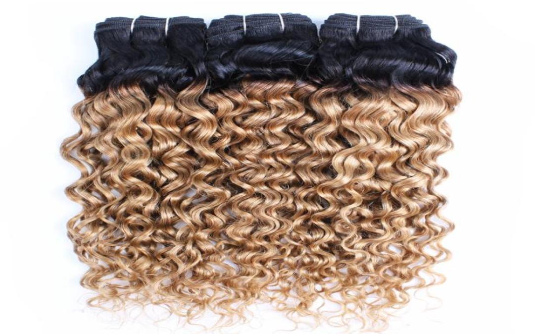 

T1B27 water wave hair bundles honey blonde with dark roots 3pcs virgin Brazilian Indian Peruvian Malaysian human extension8955079, Ombre color