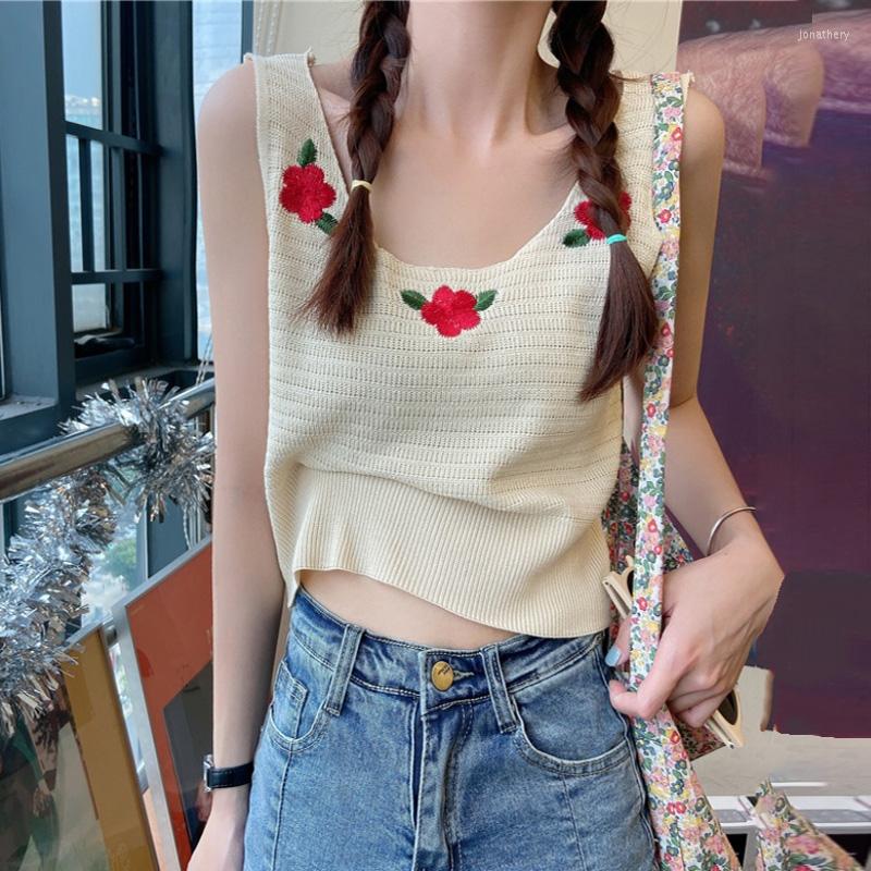 

Women's Tanks Knitted Sleeveless Camis For Women Summer Floral Embroidery U-neck Skinny Female Crop Tank Tops Beach Vacation Camisoles, Apricot