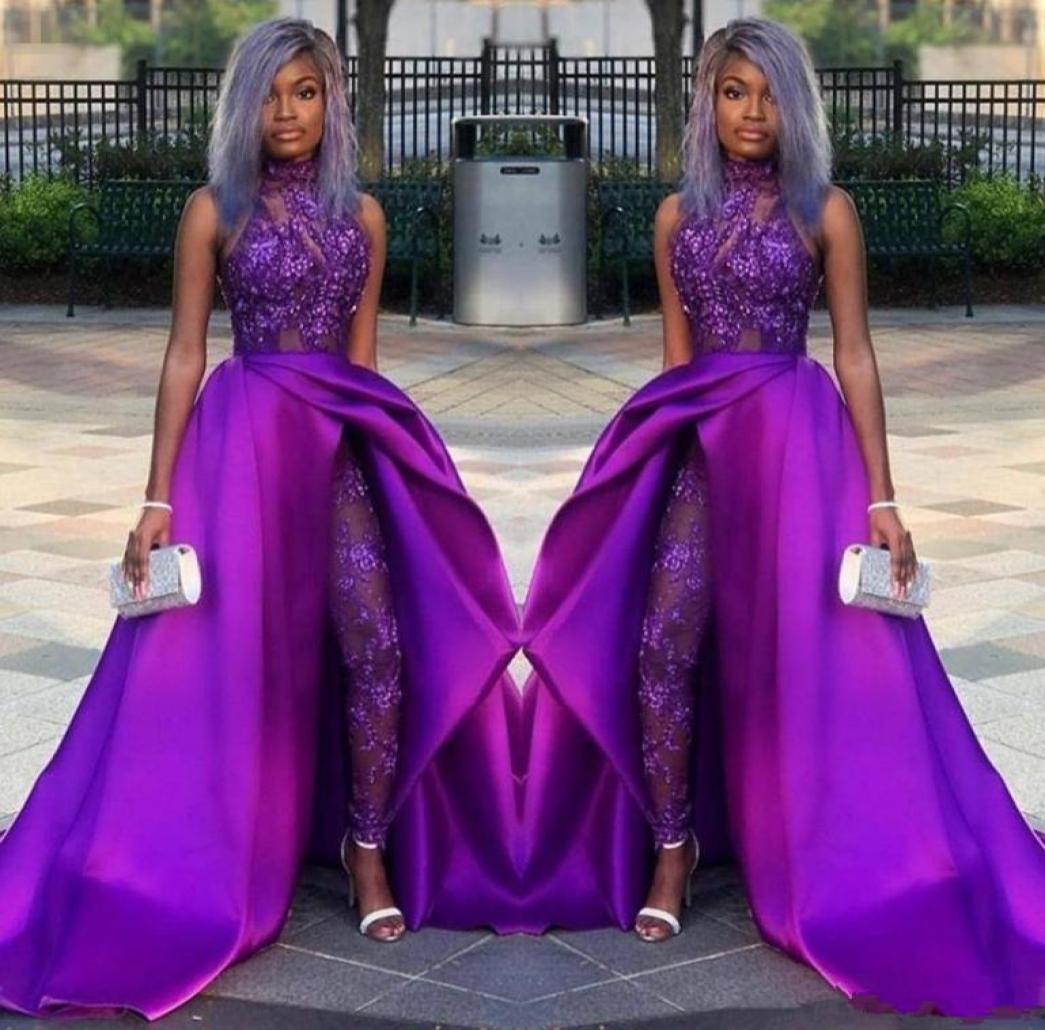 

Classic Jumpsuits Prom Dresses With Detachable Train High Neck Lace Appliqued Bead Evening Gowns Luxury African Party Women Pant S6619728, Light yellow