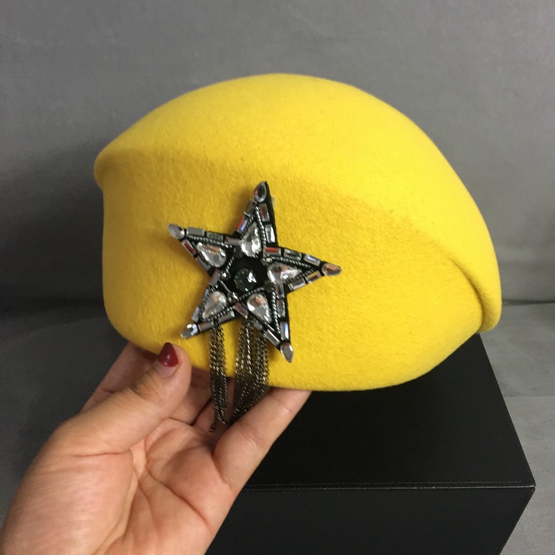

Women Unisex Wool Felt Fedora Yellow Beret Hat Pillbox Fascinator Saucer Tilt Newsboy Cap French Style Beanie Cap Winter Hat