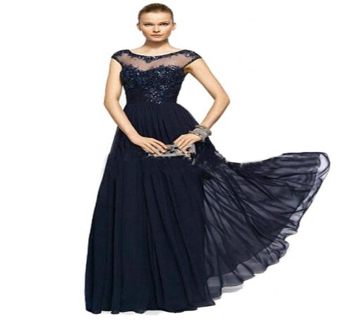 

Vintage Chiffon Lace Crew Illusion Neck Prom Evening Gowns Appliques Beads Cap Sleeves Plus Size Mother of the Bride Dresses8343654