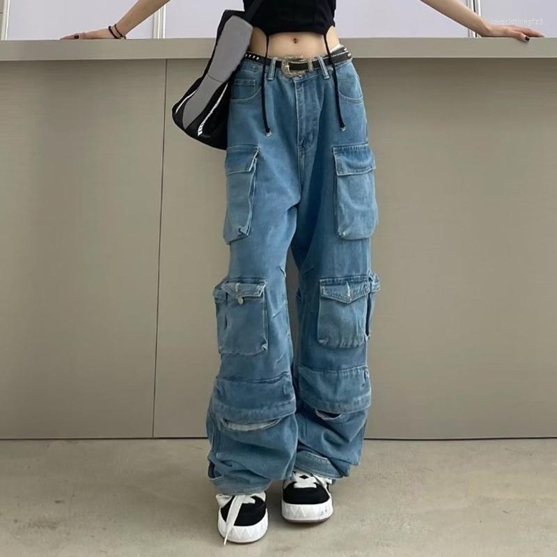 

Women' Jeans Vintage Oversized High Waist Blue Women 2023 Spring Fashion Multi-pockets Wide Leg Cargo Woman Baggy Denim Trousers, Black
