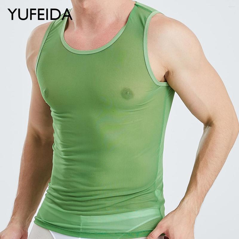 

Men's Tank Tops YUFEIDA Men Undershirts Sexy Transparent Mesh Sheer Muscle Top Vest Man Sleeveless Fitness Shirt Clubwear Singlet, Green