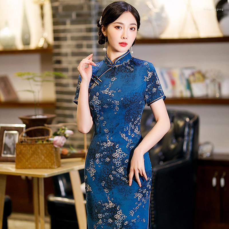

Ethnic Clothing Printing Flower Women Mid The Calf Qipao Stand Collar Blue Short Sleeve Vintage Button Vestidos Chinese Dress Cheongsam