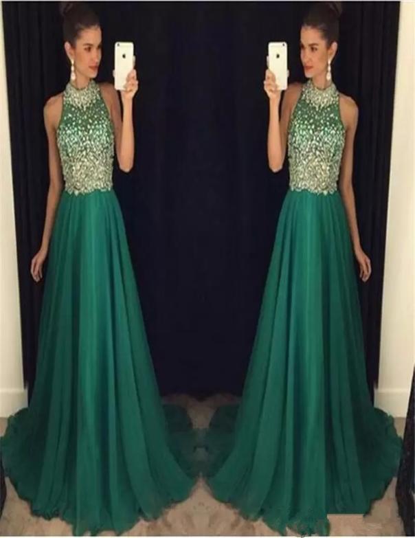 

Bling Emerald Green Prom Dresses Long 2022 High Neck Crystal Beaded Formal Women Evening Gowns Sheer A Line chiffon Party Dress8235736, Water melon