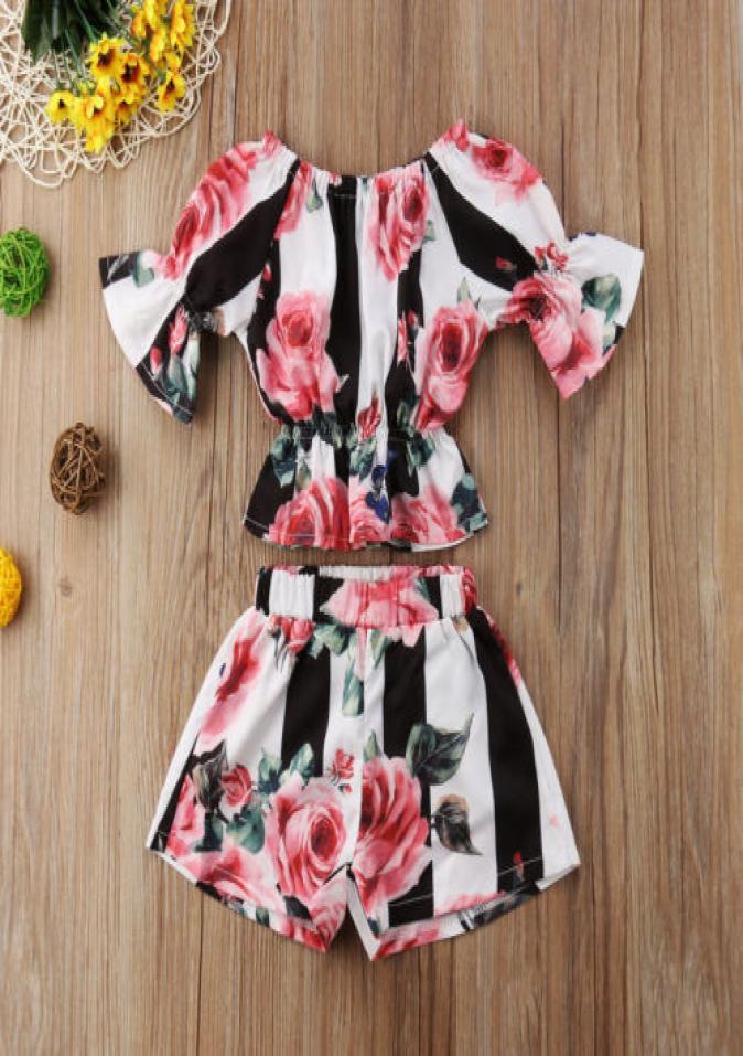 

2pcs Toddler Kids Girls designer clothes set Stripe Floral Tunic Tops Shorts Outfits Set Clothes 16y4000690, Sky blue