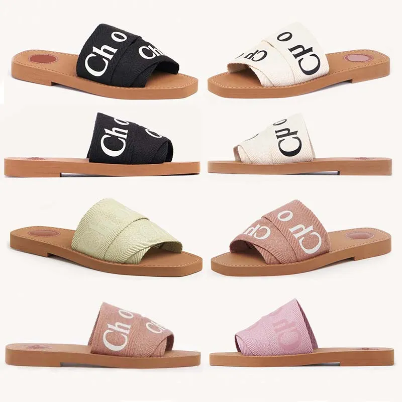 

Designer Women's Wooden Sandals with Box Flat Mule Slippers Beige White Black Pink Lace Lettering Fabric Canvas Slippers Summer Home Shoes, Irem#11