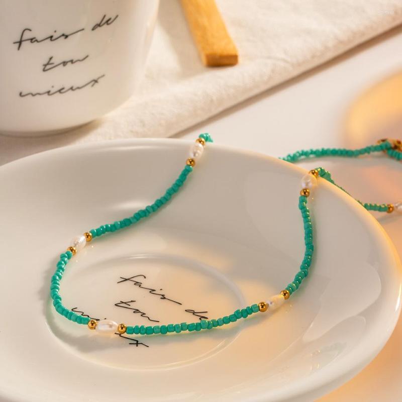 

Chains Fashion Versatile Ins Style Necklace Women's Female Titanium Steel White Pearl Blue Millet Beads Ornaments For Girl