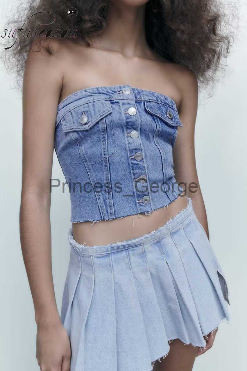 

Party Dresses Denim Crop Top Female Vintag Wrap Y2k Clothes 2022 Woman Wrap Chest Fashion Backless Sleeveless Sexy Button Decoration Causal x0629, 7186