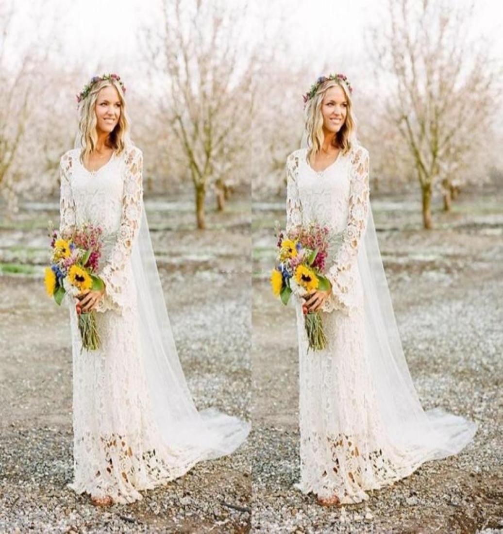 

Romantic Boho Bridal Gowns Wedding Dresses Long Sleeve Neck A Line Full Lace Plus Size Country Simple Custom Made4441137, Gold