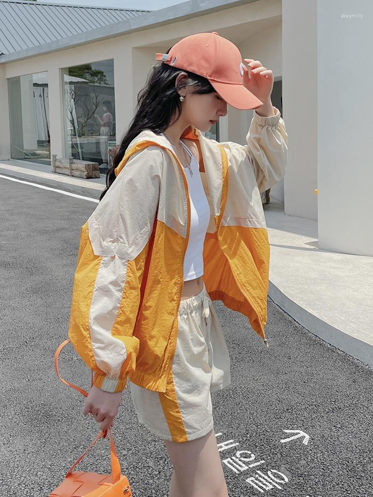 

Women's Tracksuits Hooded Sunscreen Clothing Two Piece Set Women Outfit 2023 Summer Breathable Thin Loose Coat Shorts Suit Female Casual, Orange suit