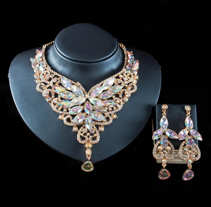 

Luxury Crystal Beaded Bridal Jewelry Africa color exaggerated bride necklace earrings set alloy Cheap 2020 Necklace2640464