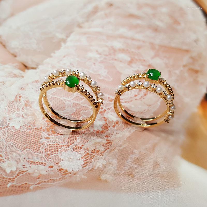 

Cluster Rings Design Silver Inlaid Natural Hetian Green Chalcedony For Women Double Layer Fashion Glamour Wedding Engagement Jewelry
