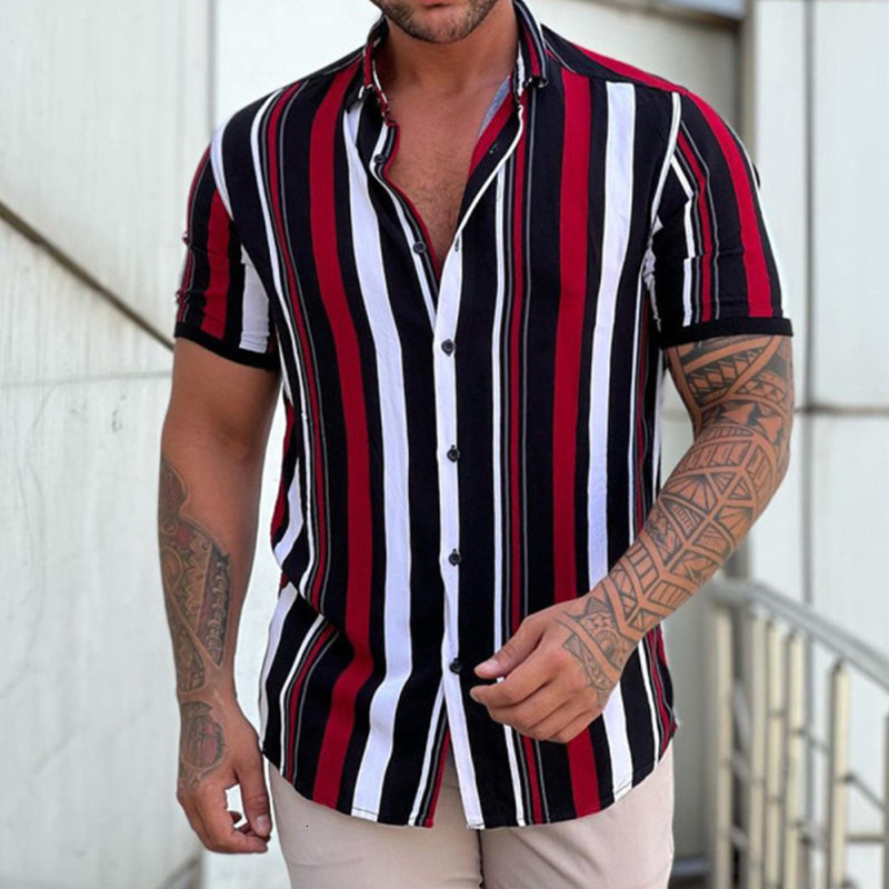 

Men's Dress Shirts Hawaiian Shirt Men Summer Geometric Stripe Print Short Sleeve Button Blouse Top Loose Casual Breathable Male Clothing 230628, Udh-red