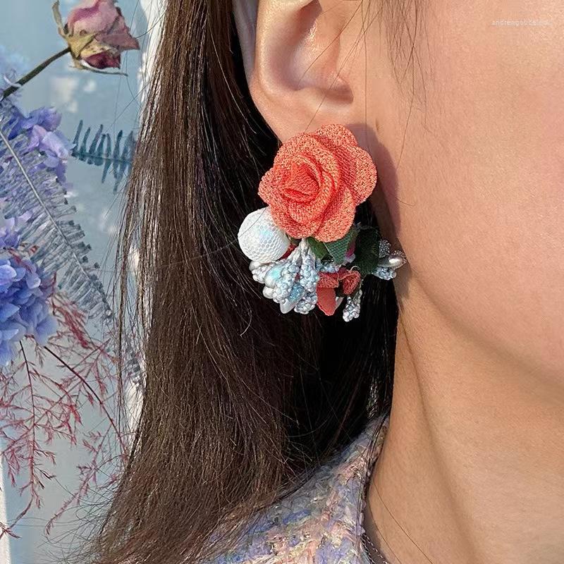 

Stud Earrings For Women Fashion Sweet Romantic Vintage Creative Pearl Fabric Flower Girls Holiday Party Trendy Gifts