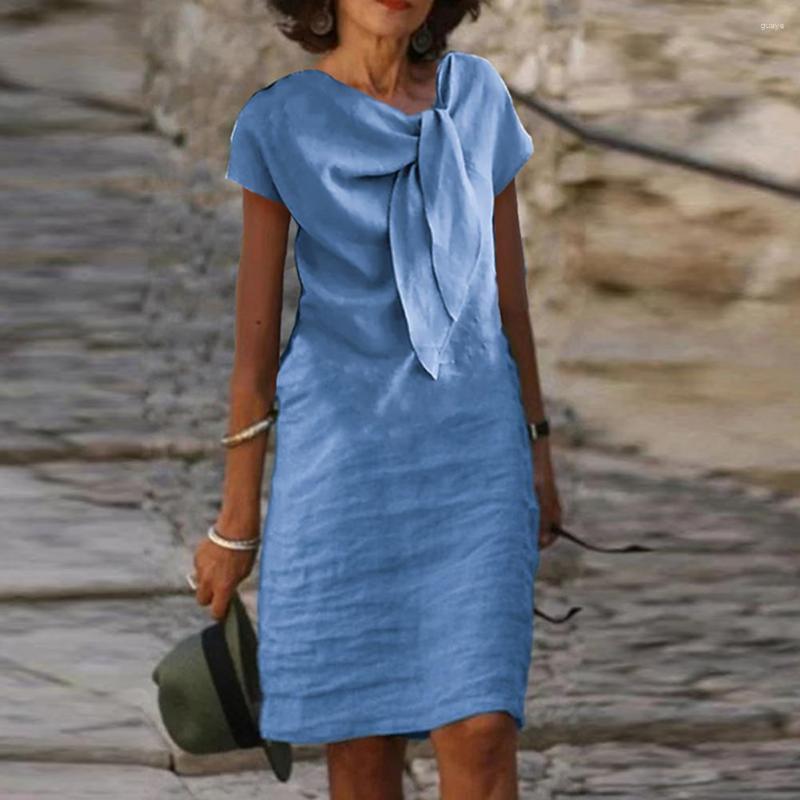 

Casual Dresses Women Midi Dress V-neck A Line Solid Color Loose Knot Dress-up Short Sleeves Lace Up Lady Summer Female Clothes, Black