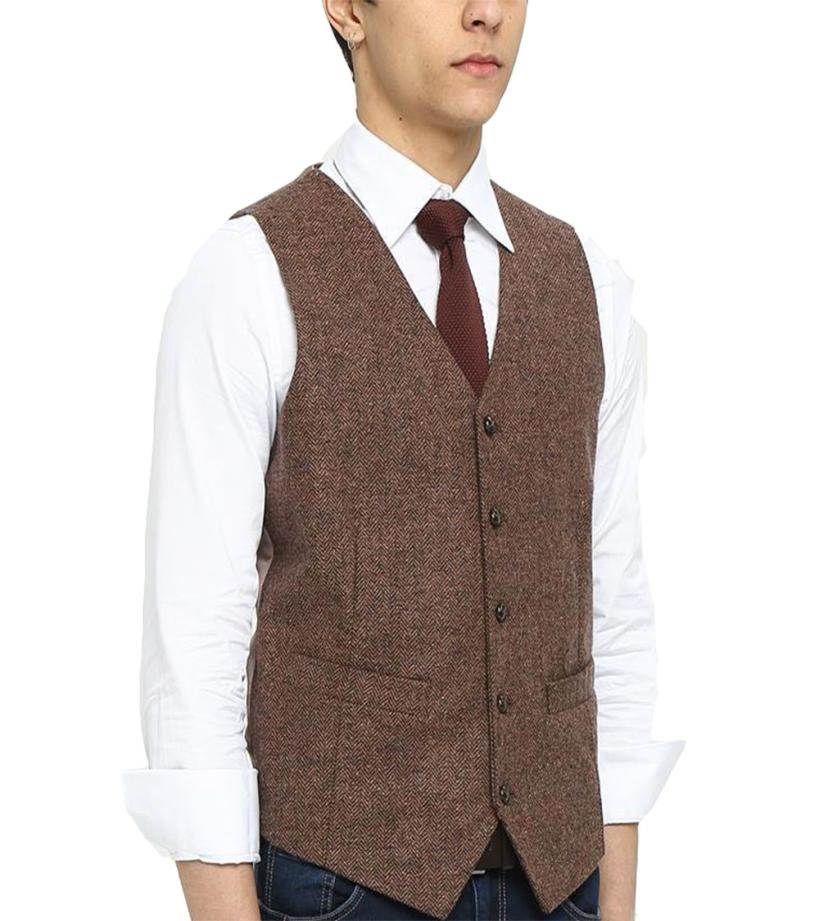 

Airtailors Men039s Wool Herringbone Tweed Vintage Wedding Vest Brown6062382, Black