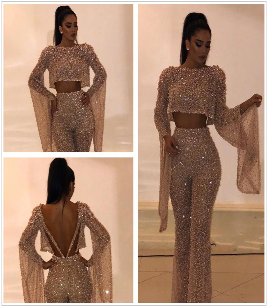 

2019 Sequined Two Pieces Prom Dresses Sheath Long Sleeves Jumpsuit Plus Size Formal Dresses Party Evening Gowns Pants Suits BC02405832003, Black