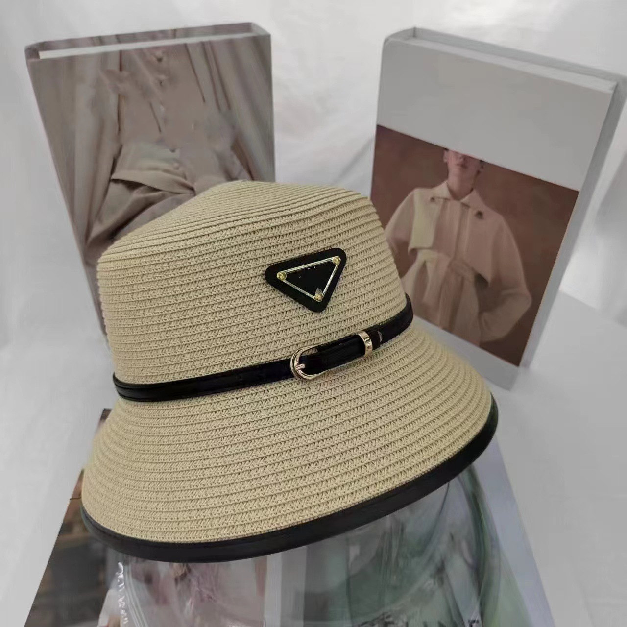 

Straw Hat Designer Triangle Belt Buckle Paper Straw Bucket Hat Summer Beach Vacation Sun Hat, Beige