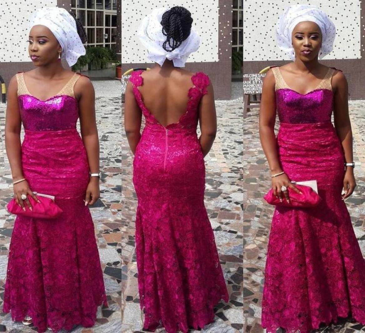 

Nigerian Aso Ebi Style Evening Dresses Vneck Fuchsia Sequined Bodice Low Back Lace Floorlength Mermaid Bella Naija Gowns6999632, Purple