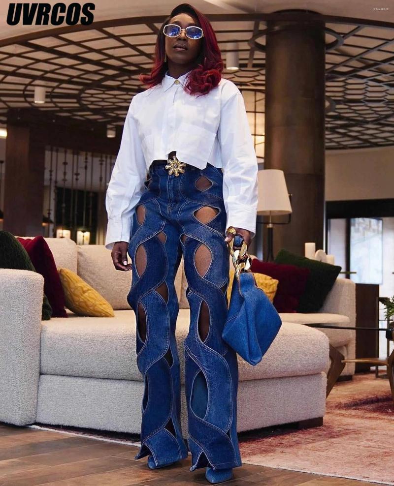 

Women' Jeans UVRCOS Solid Hollow Out Cross Women Sexy Straight Wide Leg Denim Bottoms High Waist Summer 2023 Female Casual Street Pants, Blue
