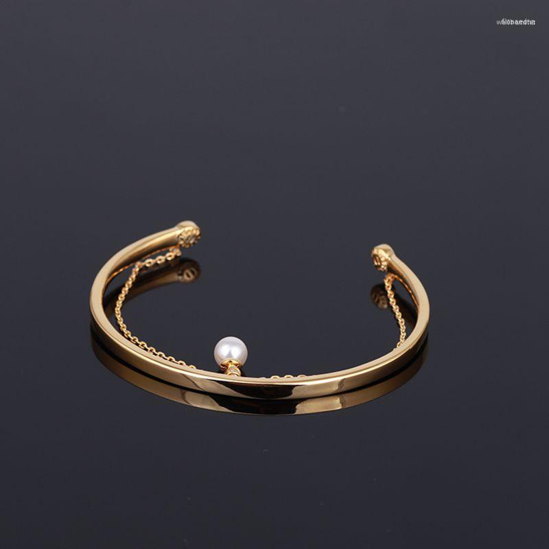 

Bangle Stylish Glossy Chain Inlaid Pearl Double-piece Open Bracelet