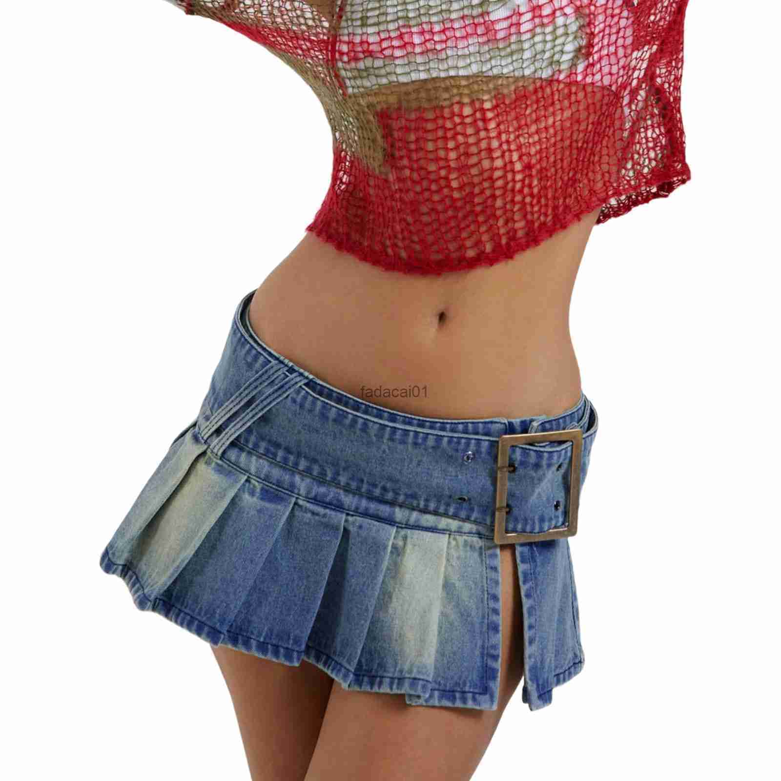 

Fashion Women' Summer Mini Denim Skirt Blue Low waist Pleated Solid Color Streetwear Female Skirt with Belt Casual Outfits L230621