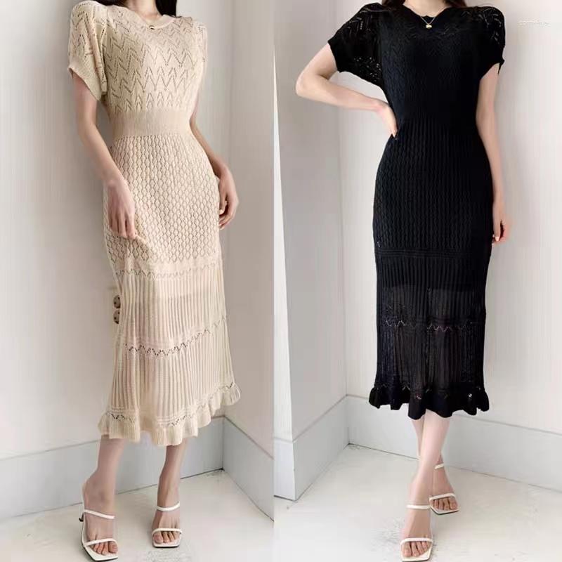

Casual Dresses Korean Fashion Summer Dress Women Knitted Hollow Out Short Sleeve O-neck Slim Elegant Long Office Lady Vestidos Clothing, Black